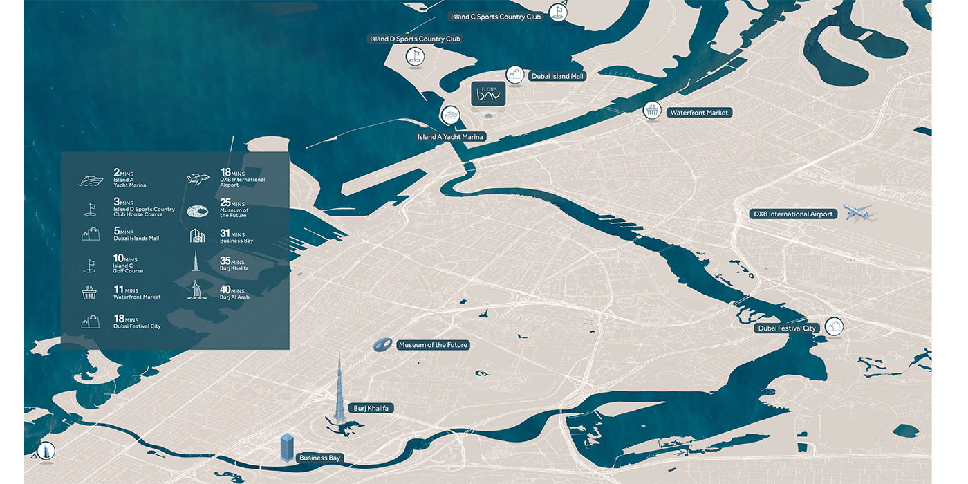 Flora Bay Residences in Dubai Islands Location
